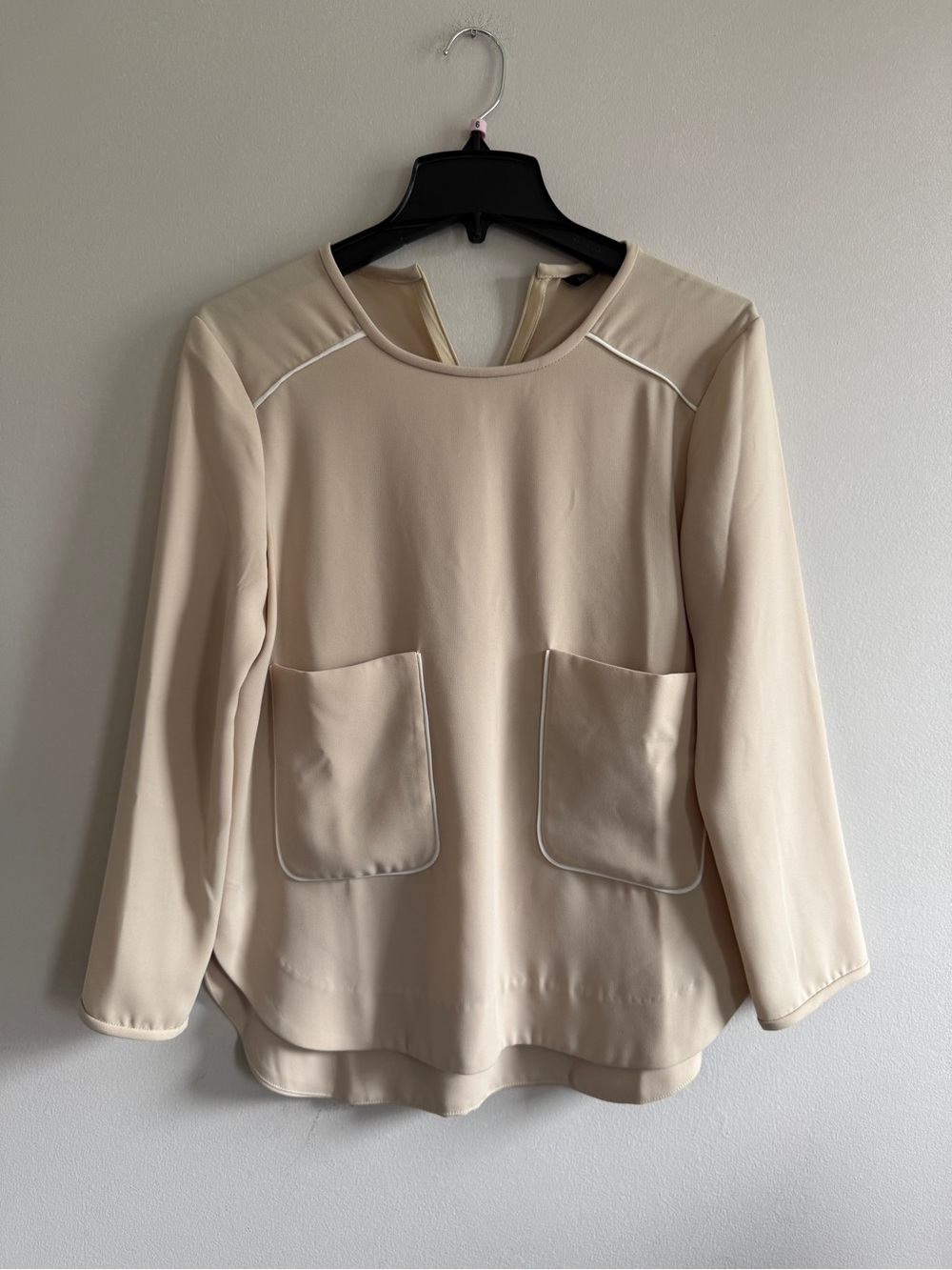 Cream Long-Sleeve Tunic Blouse Top with Front Pockets